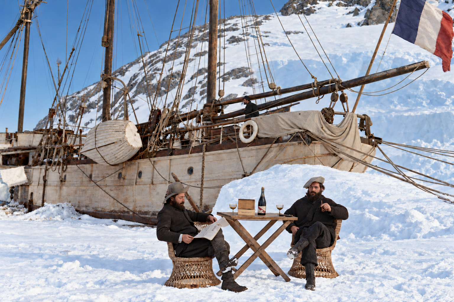 The French Antarctic expedition ship Le Français surrounded by snow and ice near Booth Island, Antarctica.